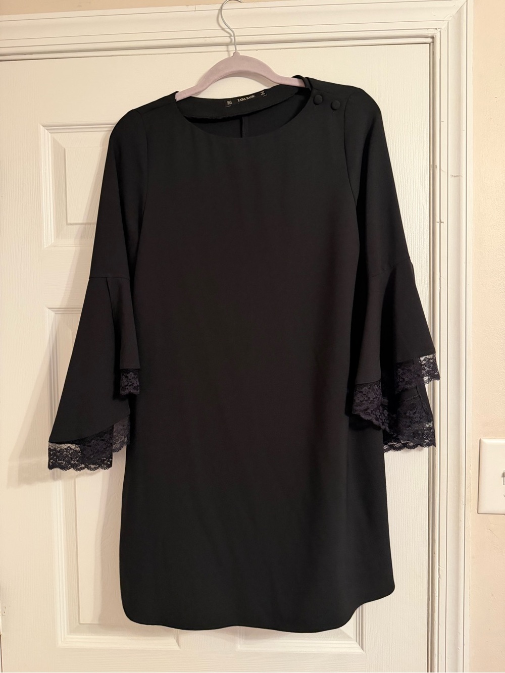 Zara Black Shift Dress with Lace Bell Sleeves